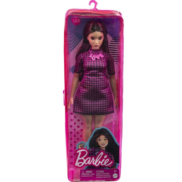 barbie capelli neri e vestito a quadri