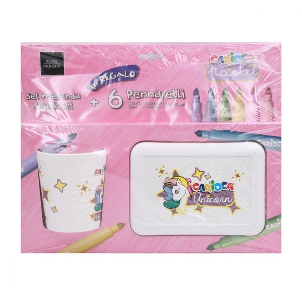 set merenda unicorno con 6 pennarelli